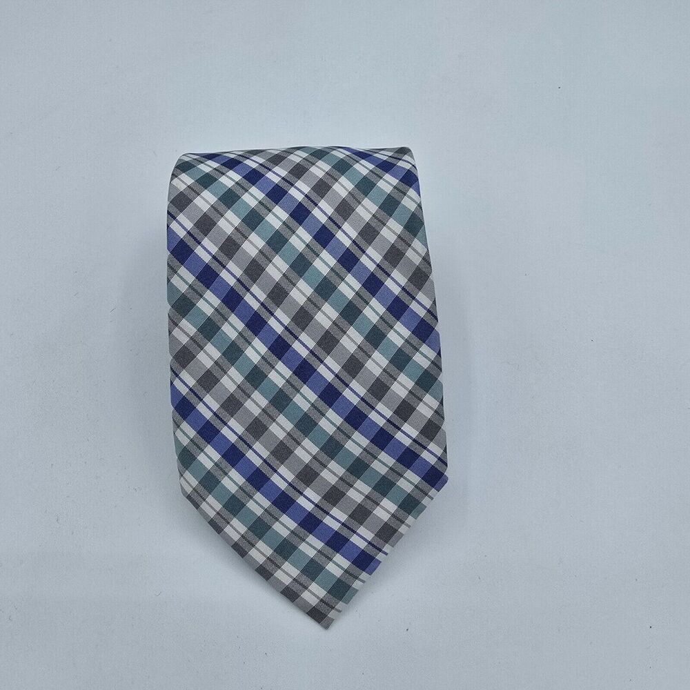 Mens Necktie Chaps Tie white And Blue Geometric Silk Classic 60x 3 Vintage